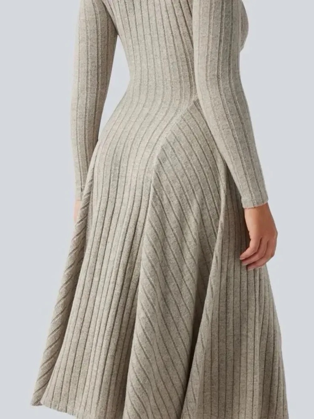 NWT HALARA Ribbed V‑Neck Long Sleeve Flared Knit Dress in Taupe Size M - Picture 8 of 8